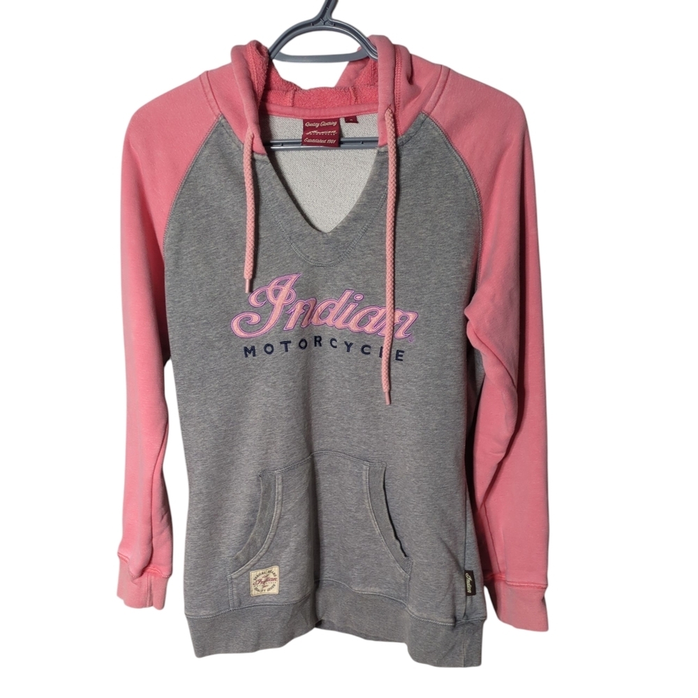 Indian Motorcycle Women's V Neck Raglan Hoodie Pink and Grey Embroidered Size Sm